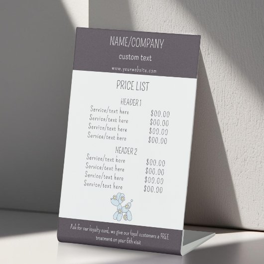 Preisliste für Haustiere/Ballon Sockelschild