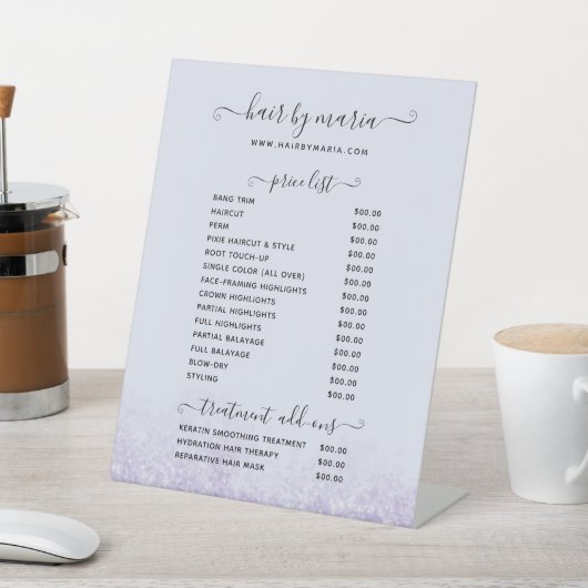 Preisliste für lila Glitzer Sockelschild (In SItu)