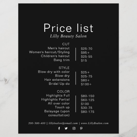 Preisliste für Minimalistische Schönheitssalons (Vorderseite)