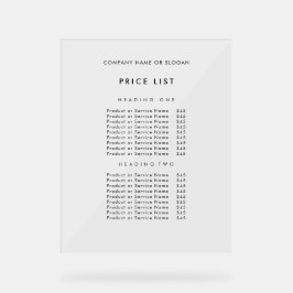 Preisliste für Minimalistische schwarze Unternehme Acrylschild