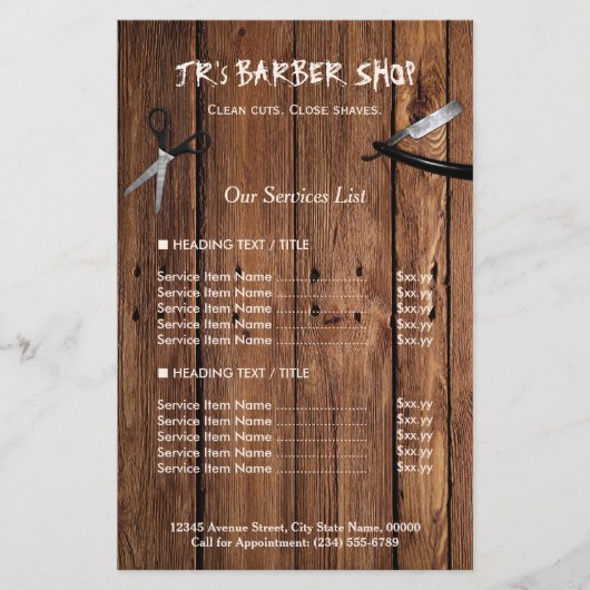 Preisliste für rustikale Holzschau-Friseur-Shop-Di Flyer (Vorne)