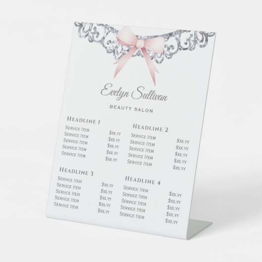 Preisliste für Silver Glitzer Frame Rosa Bow Sockelschild (Vorderseite)