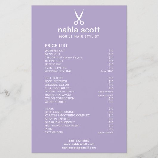 Preisliste für tragbare Haarstyllenscheren Lila Flyer (Vorne)