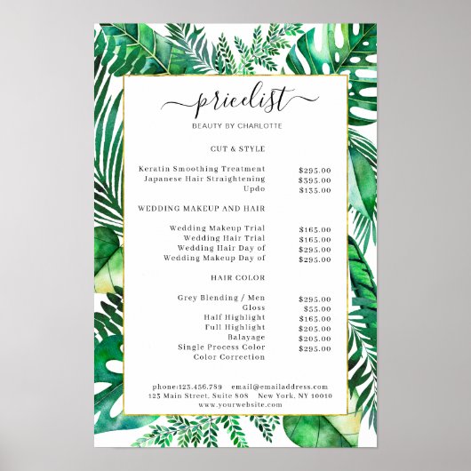 Preisliste für tropische Salons Poster (Vorne)