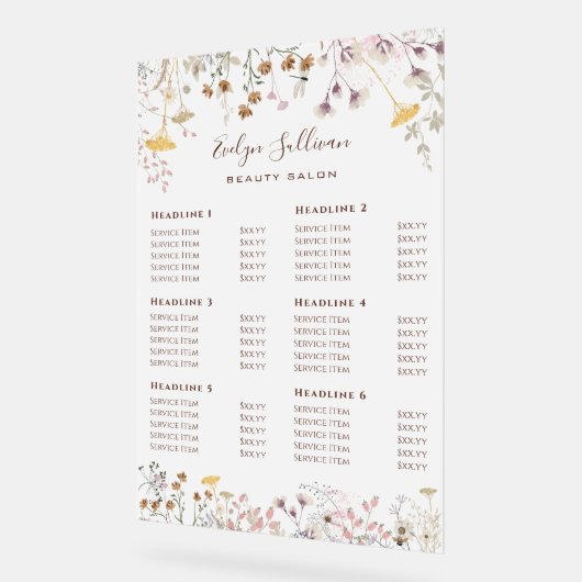 Preisliste für Wildblumen Acrylschild (Winkel)