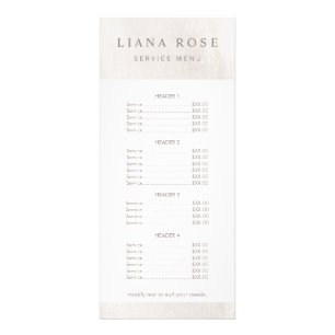 Preisliste Menü des Chic White Marble Salons und S