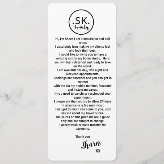 Preisliste Menükarte (Rückseite)