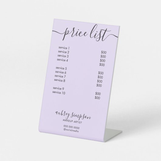 Preisliste Service Script Lila Sockelschild (Vorderseite)