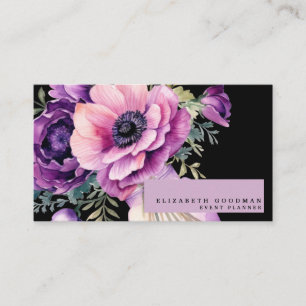 Premier Pink Lila Florale Schwarze Visitenkarten Visitenkarte