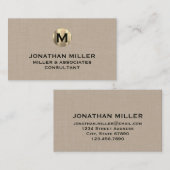 Premium Beige Linen Gold Monogram Visitenkarte (Vorne/Hinten)