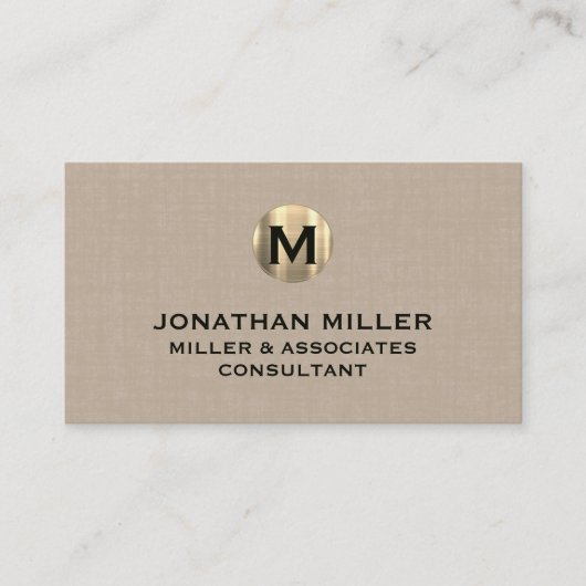 Premium Beige Linen Gold Monogram Visitenkarte (Vorderseite)