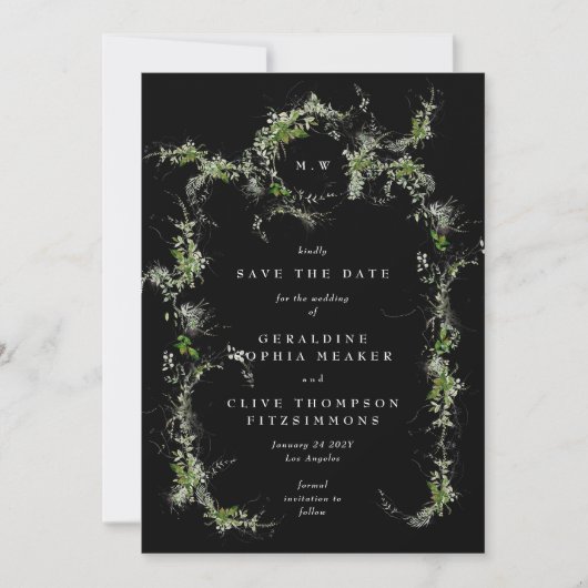 Premium Black Eucalyptus Wreath Monogram Wedding Save The Date (Vorderseite)