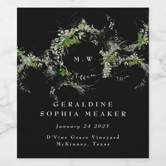 Premium Black Eucalyptus Wreath Monogram Wedding Weinetikett (Einzelnes Label)