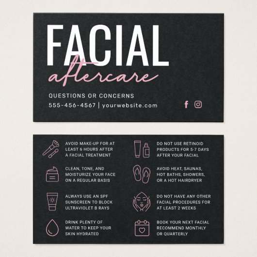 Premium Black Facial Aftercare Instructions Card (Vorne & Hinten)