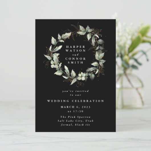 Premium Black Gold Eukalyptus Wreath Greenerity Mo Einladung (Stehend Vorderseite)