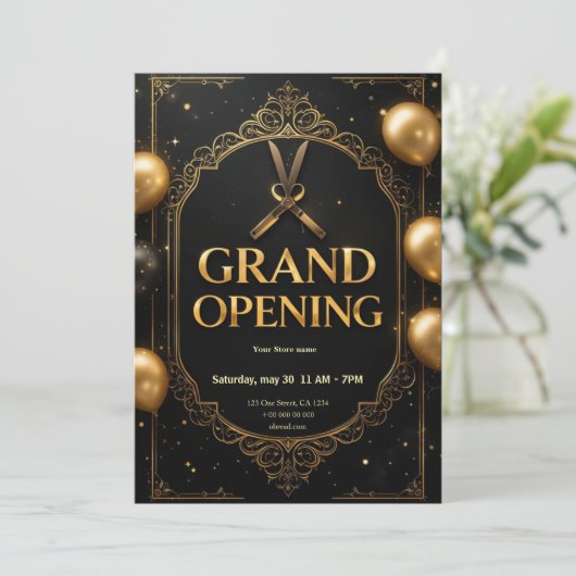 Premium Black & Gold Grand Opening Einladung (Stehend Vorderseite)
