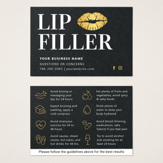 Premium Black & Gold Lip Filler Aftercare Card (Vorne & Hinten)