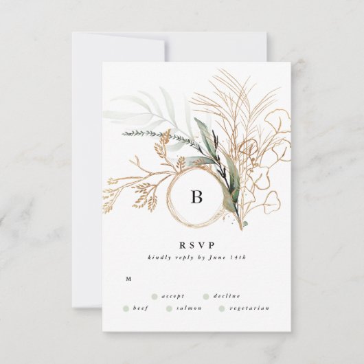 Premium Black Gold Monogram Eukalyptus Wedding RSVP Karte (Vorderseite)