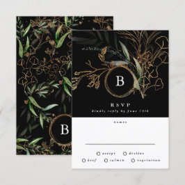Premium Black Gold Monogram Eukalyptus Wedding RSVP Karte