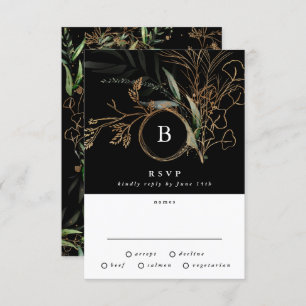 Premium Black Gold Monogram Eukalyptus Wedding RSVP Karte