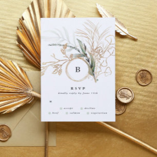 Premium Black Gold Monogram Eukalyptus Wedding RSVP Karte