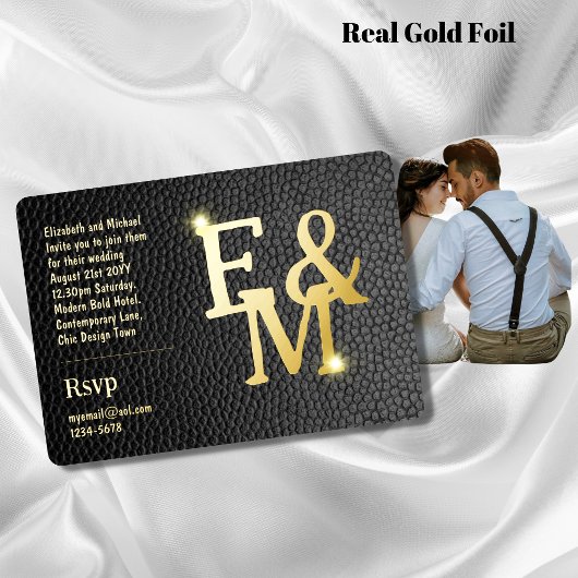 Premium Black Gold Monogram Foto Leather Look Foi Folieneinladung