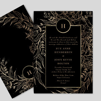 Premium Black Gold Monogram Wreath Wedding Einladung