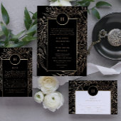 Premium Black Gold Monogram Wreath Wedding Einladung