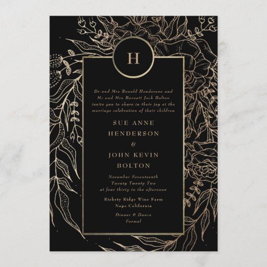 Premium Black Gold Monogram Wreath Wedding Einladung (Vorderseite)