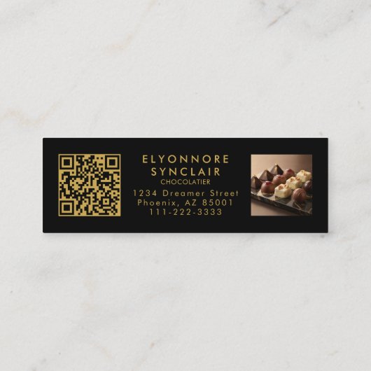 Premium Black Gold Script Chocolatier QR Code Mini Visitenkarte (Rückseite)