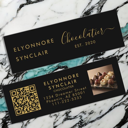Premium Black Gold Script Chocolatier QR Code Mini Visitenkarte