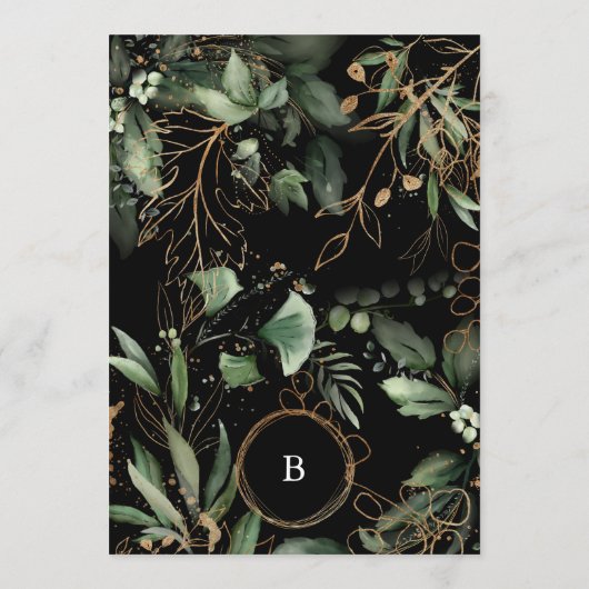 Premium Black Golden Circles Monogram Eukalyptus Einladung (Rückseite)