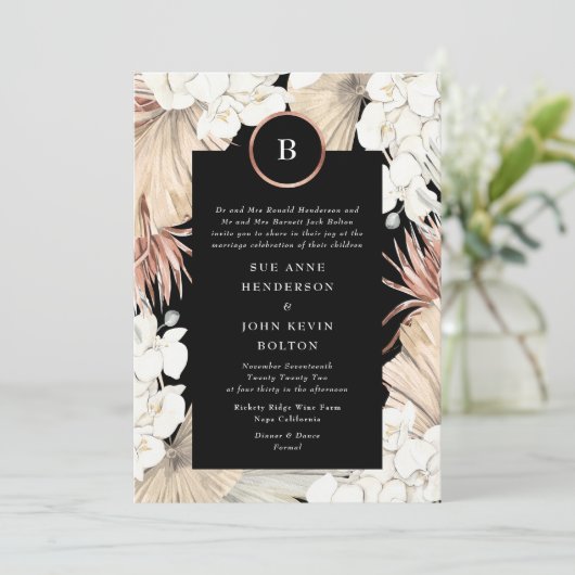 Premium Black Onyx Pampas und Rose Gold Fossil Einladung (Stehend Vorderseite)