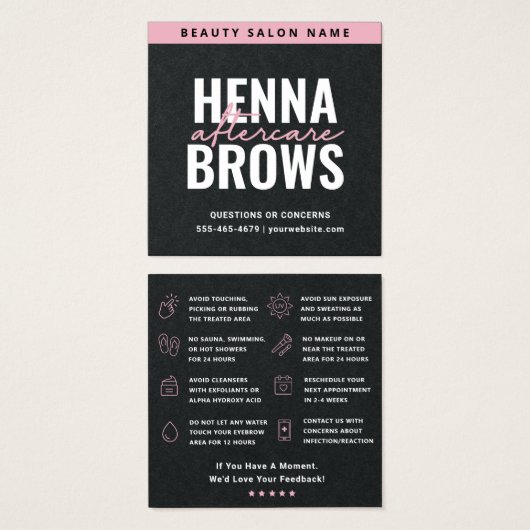 Premium Black Pink Square Henna Brows Care Card (Vorne & Hinten)