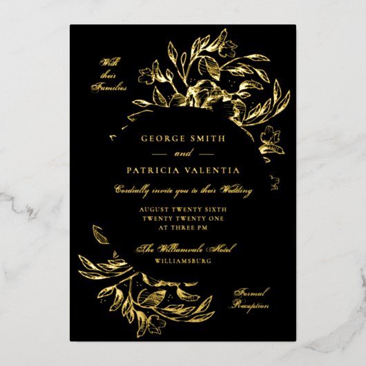 Premium Black Real Gold Bloral Hand Drawn Wedding Folieneinladung (Vorderseite)