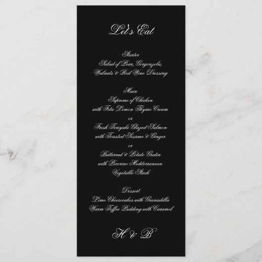 Premium Black & White-Script-Hochzeit Menükarte (Vorderseite)