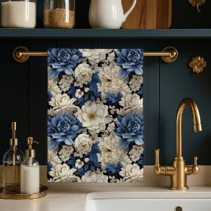 Premium Blau Weiß Elfenbein Floral Küchenhandtuch  Geschirrtuch
