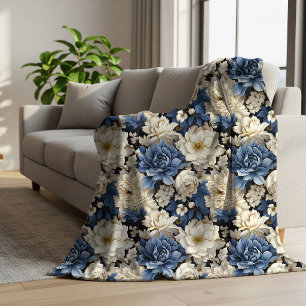 Premium Blau Weiß Elfenbein Floral Kuschel Wurfdec Sherpadecke