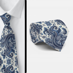 Premium Blaue und Weiße Diamant Paisley Krawatte