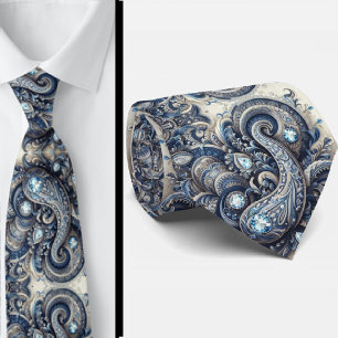 Premium Blaue und Weiße Diamant Paisley Krawatte