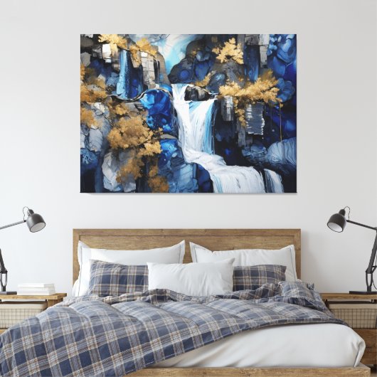 Premium Blue & White Wasserfall Landschaft Maleris Leinwanddruck (Insitu (Schlafzimmer))