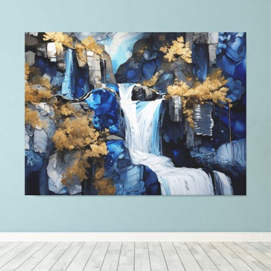 Premium Blue & White Wasserfall Landschaft Maleris Leinwanddruck (Insitu (Holzboden))
