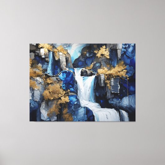 Premium Blue & White Wasserfall Landschaft Maleris Leinwanddruck (Vorderseite)