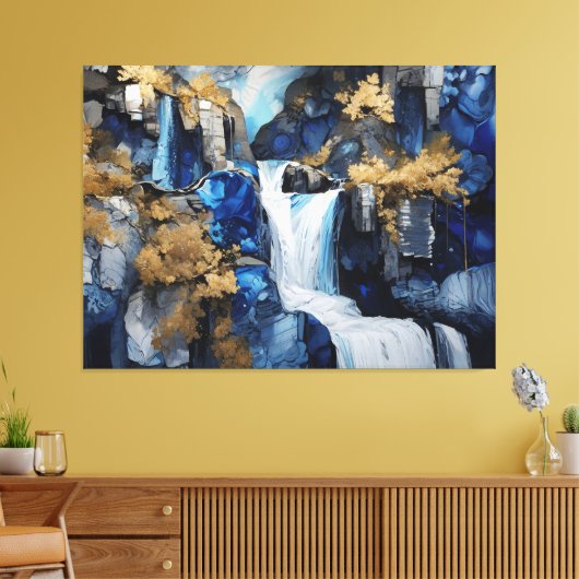 Premium Blue & White Wasserfall Landschaft Maleris Leinwanddruck (Insitu (Wohnzimmer))