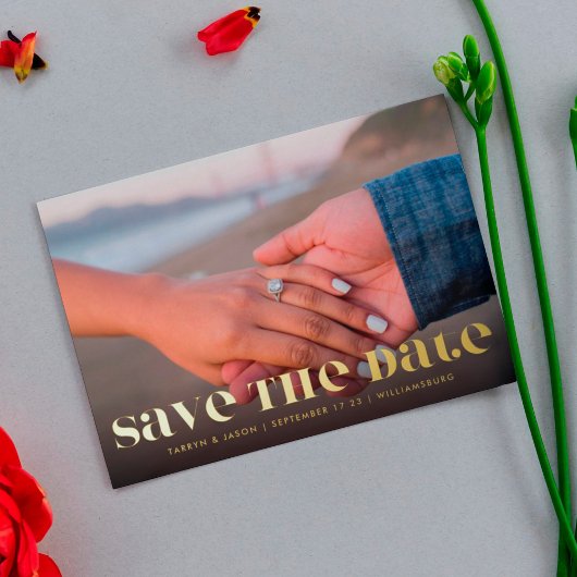 Premium Bold Modernes GOLD TEXT Foto Save the Date Folieneinladung