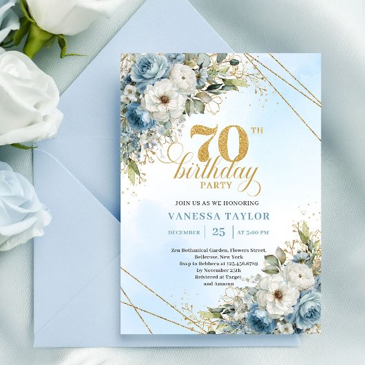 Premium dusty blue florals gold frame 70 birthday einladung
