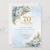 Premium dusty blue florals gold frame 70 birthday einladung (Vorderseite)