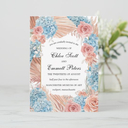 Premium Dusty Rose Blue Hydrangea Wedding Einladung (Stehend Vorderseite)