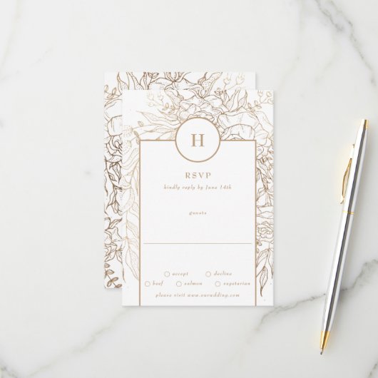Premium Elegant Gold Monogram Wreath Wedding RSVP Karte (Vorderseite/Rückseite Beispiel)