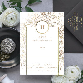 Premium Elegant Gold Monogram Wreath Wedding RSVP Karte